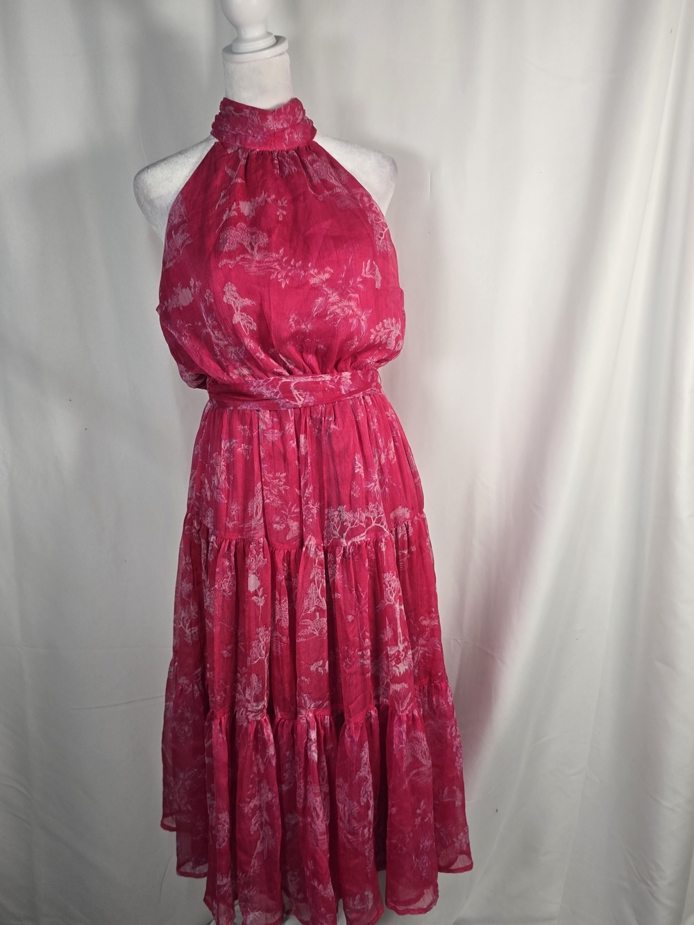 Lulus Float to You Pink Floral Burnout High Neck Halter Tiered Midi Dress Sz S*